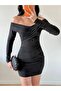 Women's Black Chest Cross Gathered Mini Dress - 2
