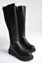 Black Leather Women's Boots Elastic Below the Knee Zippered Non-Slip Sole Thick Soled Jessica - 2