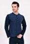Men's Navy Blue Jacquard Winter Cotton Long Sleeve Men's Pajama Set - 5
