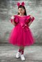 Girl's Satin Fabric Chest with Bow Detail at the Waist Watermelon Sleeves Tulle Fuchsia Evening Dress - 5