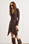 Women's Brown V-Neck Ruched Detail Asymmetrical Wool Viscose Dress Elb-19002577 - 4