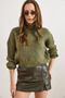 Women's Khaki Turtleneck Soft Textured Crop Knit Sweater Kzk-19001106 - 2