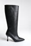 Women's Black Leather Thin Heel Pointed Toe Knee-High Boots - 3