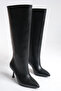 Women's Black Leather Thin Heel Pointed Toe Knee-High Boots