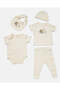 Baby Beige Set Of Grower, Bodysuit, Bib, Hat And Mittens