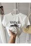 Women's White Vintage Printed Crew Neck Tight Crop Tshirt