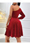 Women's Solid One Shoulder Pleated Detail Velvet Mini Dress - 2