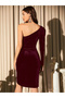 Women's Solid One Shoulder Pleated Detail Velvet Mini Dress - 2