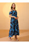 Blue Floral Printed Cold Shoulder Sleeves Maxi Dress - 2