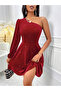Women's Solid One Shoulder Pleated Detail Velvet Mini Dress - 4