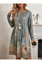 Women's Floral Printed Round Neck Long Sleeve Mini Dress - 3