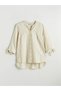 Khaki Cowl Neck Striped Linen Blend Women's Shirt - 5