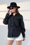 Women's Oversized Cut Denim Shirt Jacket Snow Wash Black Dark Color Casual Chic -Bnj4903 - 5