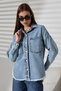 Women's Oversized Cut Tassel Denim Shirt Jacket Snow Wash Blue Dark Color Casual Chic -Bnj4905