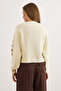 Women's Ecru Sleeve Low-Cut Stone Detailed Soft Textured Sweater Kzk-19001103 - 2