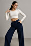 Women's Navy Blue Corded Fabric High Waist Wide Leg Trousers - 6
