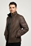 Coffee james collar fur back size and sleeves quilted fabric zippered unlined men's genuine leather jacket - 3