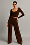 Women's Brown Corded Fabric Double Suit with Wide Leg Trousers and Pockets - 4