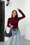 Women's Basic Bodysuit with Finger Loops at the Wrist – Long Sleeves, Half Turtleneck, Stretchy Fabric (Burgundy) - 2