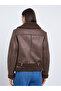 Brown Suede Look Biker Jacket with Faux Fur Trim - 5