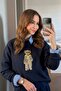 Women's Oversized Sweatshirt Gentleman Bear 3D Printed Navy Blue – Crew Neck, 3 Thread Raised - 3