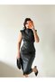 Women's Black Omzu Shoulder Pad Piece Leather Dress with Pleated Waist - 2