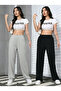 Transitional Women's 2 Piece Black + Gray Wide-Leg Baggy Plus Size Pocketed Adjustable Sweatpants