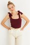 Women's Burgundy Shoulder Tie-Detail Knitwear Blouse Be278 - 3