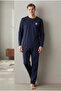 Men's Navy Blue Long Sleeve Pajama Set Camel Printed Comfortable Fit Home Wear - 2