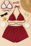 Women's Burgundy Shorts Waist and Neck Tie Bikini Set