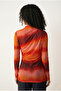 Women's Orange Mock Neck Printed Lined Long Sleeve Tulle Fabric Blouse - 5