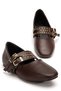 Upper Part with Belt, Stone Details, Double Buckle, Does Not Make Noise When Walking, Everyday Comfortable Ballet Flats - 4