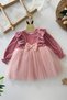 My Little Girl's Ruffles Detailed Bow Velvet Top Tulle Skirt Girl's Dress - Powder