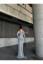 Flowers Stretchy Fabric Strapless Neck Shoulder Stone Embroidered Slit Evening Dress 583054 GRAY - 4