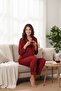 Burgundy Shirt Collar Long Sleeve Velvet Pajama Set - 2