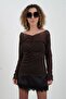 Coffee front ruched glittery tulle blouse - 3