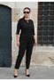 Women's Black Seasonal Collar & Pants Set with Stones and Elastic Waist, 2-Piece Set