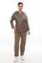 Women's Tan Winter Zippered Faux Leather Paneled Piece Velvet Set with Elastic Waist