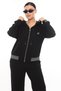 Women's Black Seasonal Zippered Hooded Elastic Waist Paneled Accessories 2-Piece Tracksuit Set - 4