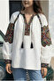 Women's White-Collared Tasseled Ethnic Embroidered Balloon Sleeve Cotton Blouse - 2