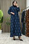 Duru Dress Petrol Blue Karin Fabric Diamond Pattern Dress with Button Detail and Belt - 6