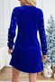 Cobalt Blue Pearl Detail Round Neck Long Sleeve Velvet Fabric Dress - 2