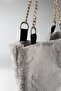 Furry Soft Touch Plush & Leather Women's Gray Hand and Shoulder Bag Gold Chain - 6