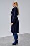 Women's Navy Blue Belted Buttoned Long Coat - 6