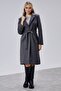 Women's Anthracite Belted Buttoned Long Coat - 5