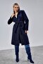 Women's Navy Blue Belted Buttoned Long Coat