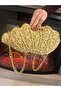 Handmade Wicker Oyster Pattern Pearl Detailed Gold Chain Lined Hand and Shoulder Bag Beige Color