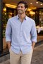 Men's Soft Blue Striped Shirt Classic Cut Cotton Casual Shirt with Pockets