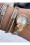 Round Head Stone Snake Watch, Yellow Silver Steel Band Women Wristwatch + Bracelet - 6