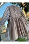 Girl's Brown Checkered Side Lace-Up Poplin Dress 100% Cotton - 4